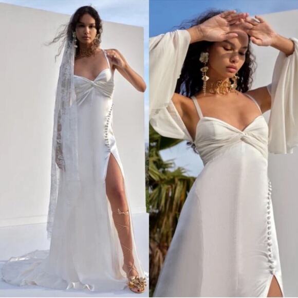 For Love & Lemons Esme Puff Sleeve Bridal White Maxi Gown Size Large - Picture 4 of 12